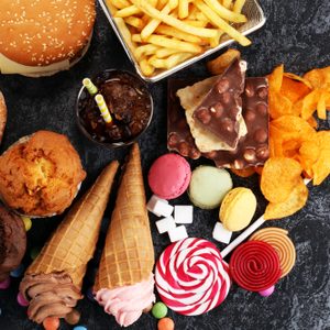 Unhealthy products. food bad for figure, skin, heart and teeth. Assortment of fast carbohydrates food. 