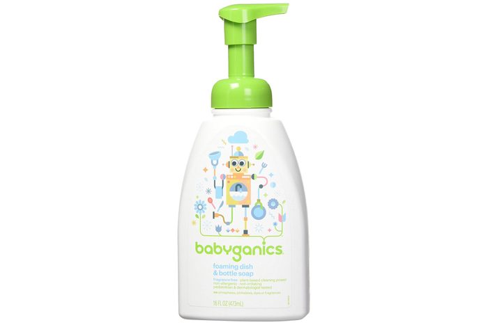 Bottle features a green pump, displaying a robot graphic and text: 