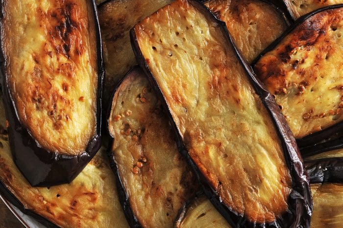 background from fried eggplant - top view. close-up