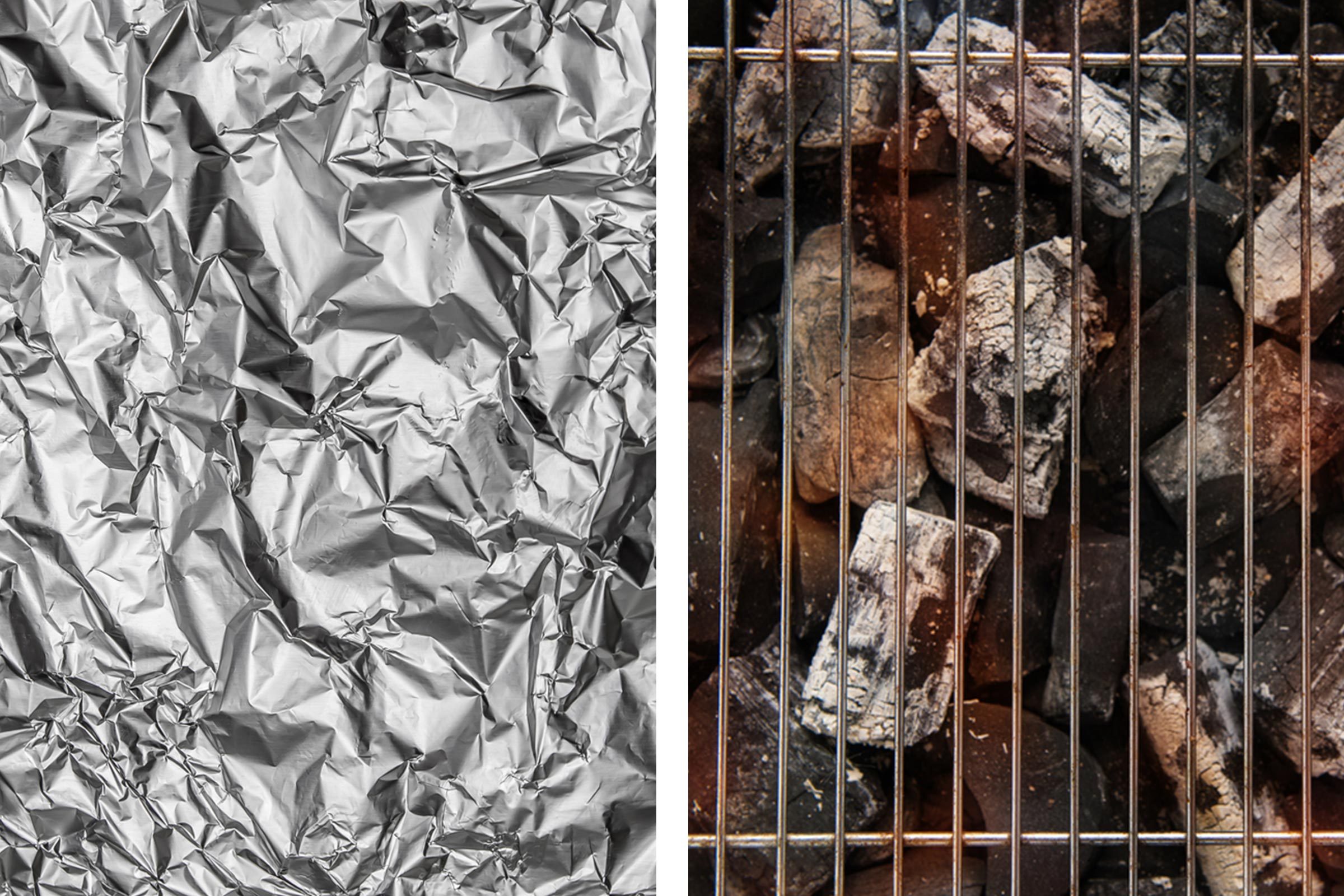 Aluminum foil texture next to barbecue grill