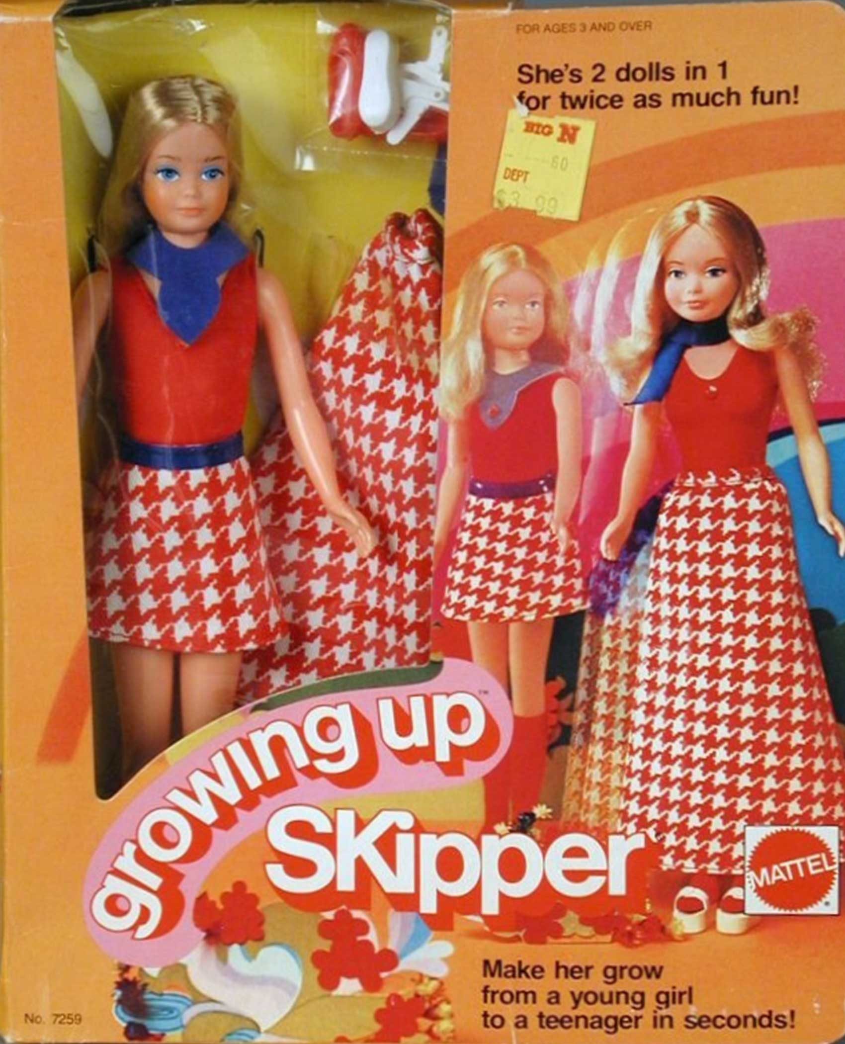 Doll in two outfits displayed inside packaging; promotes transformation from young girl to teenager, surrounded by colorful graphics and text highlighting interactive features.