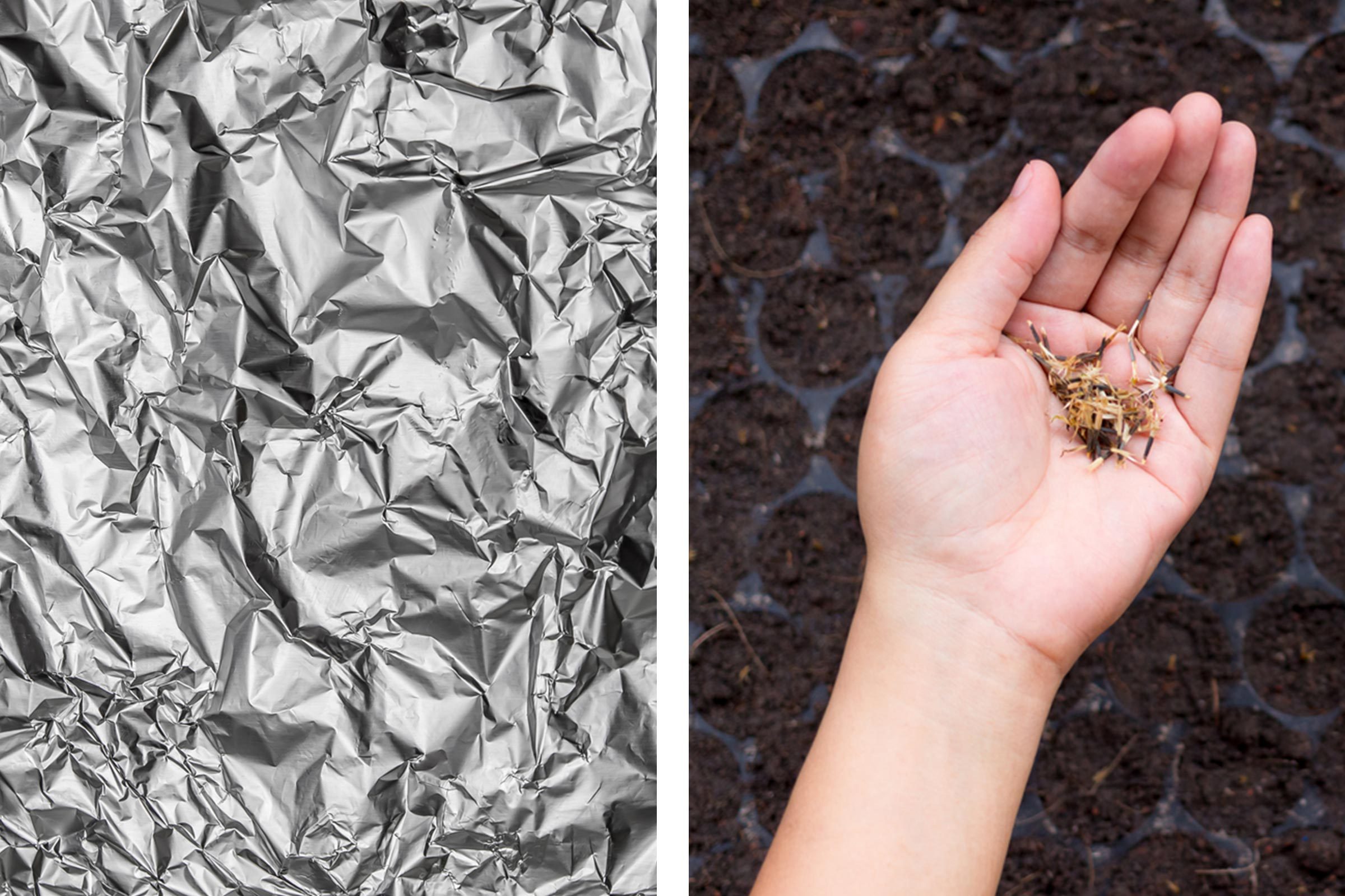 Aluminum foil texture next to seeds and dirt