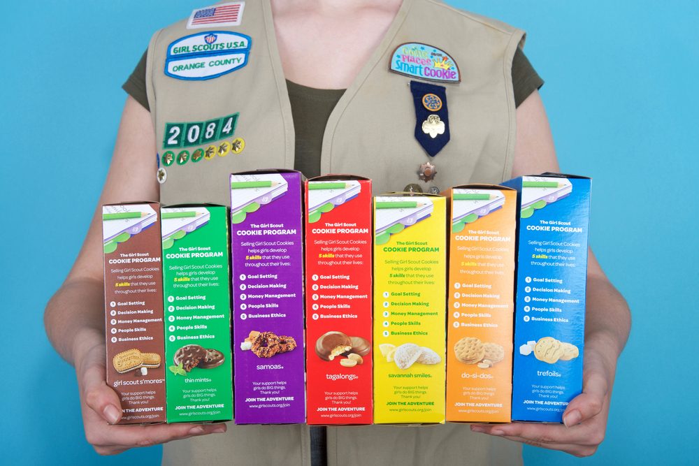 Boxes of Girl Scout cookies are held by a person in a Girl Scout vest against a blue background. Text lists cookie names and program skills.