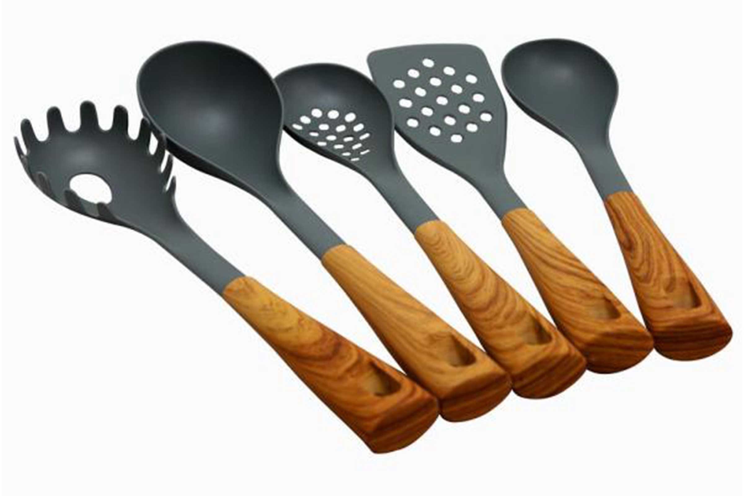 Kitchen utensils with dark heads and wooden handles, arranged in a row on a white background.