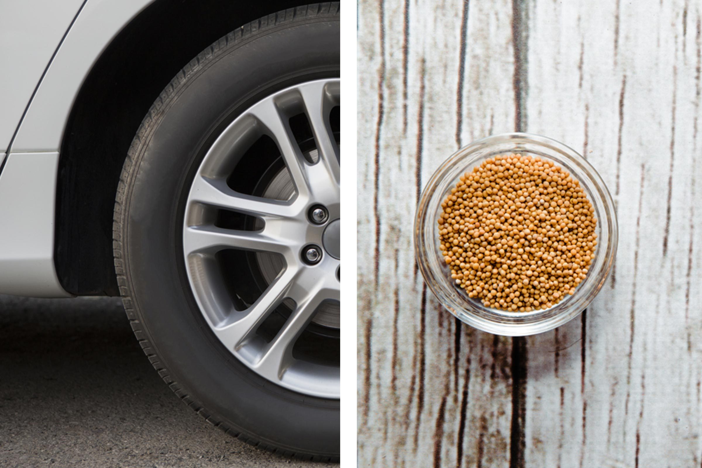 Car tire parked on asphalt; glass bowl with mustard seeds on wooden surface.