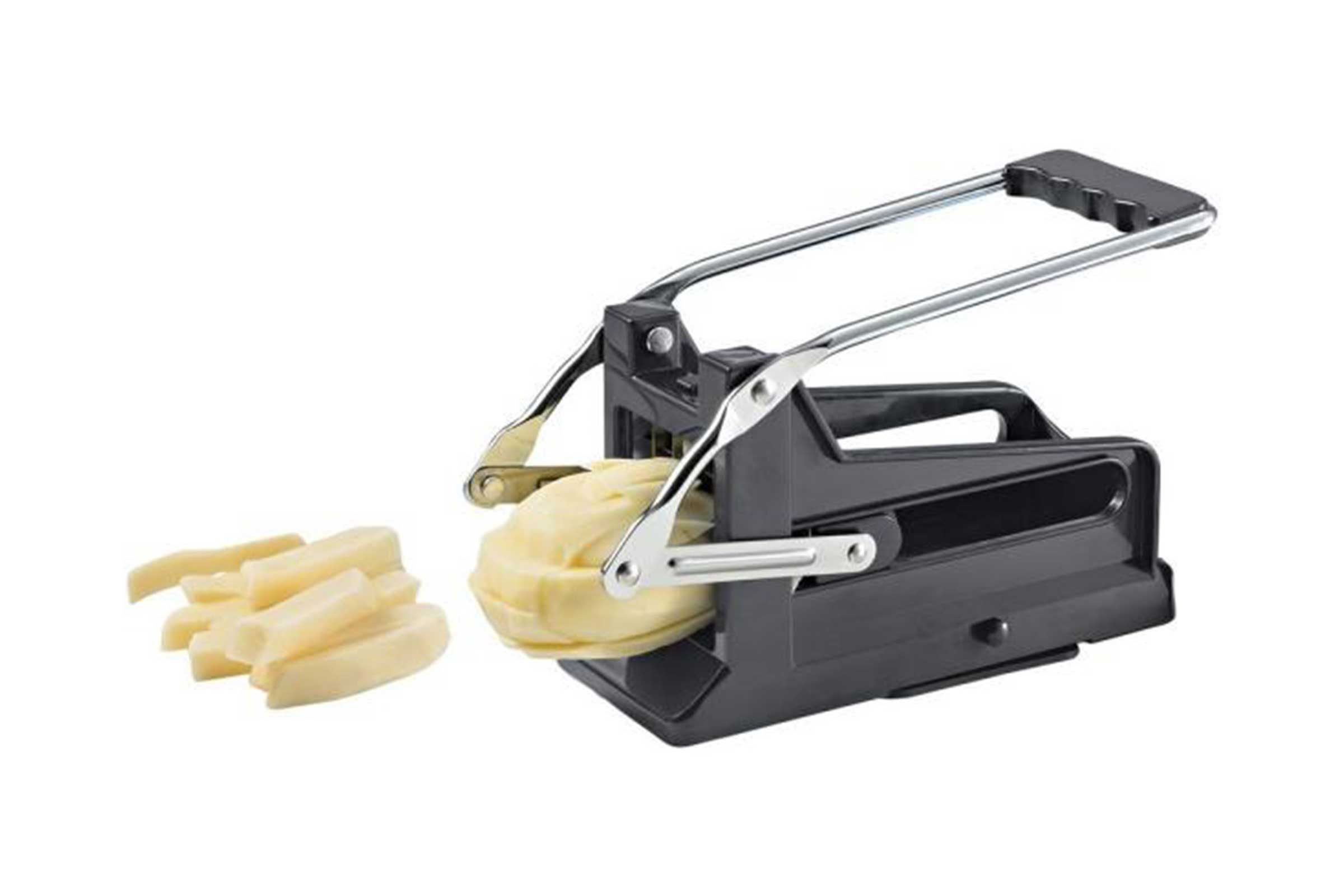 Potato cutter slices potato into fries on a white background.