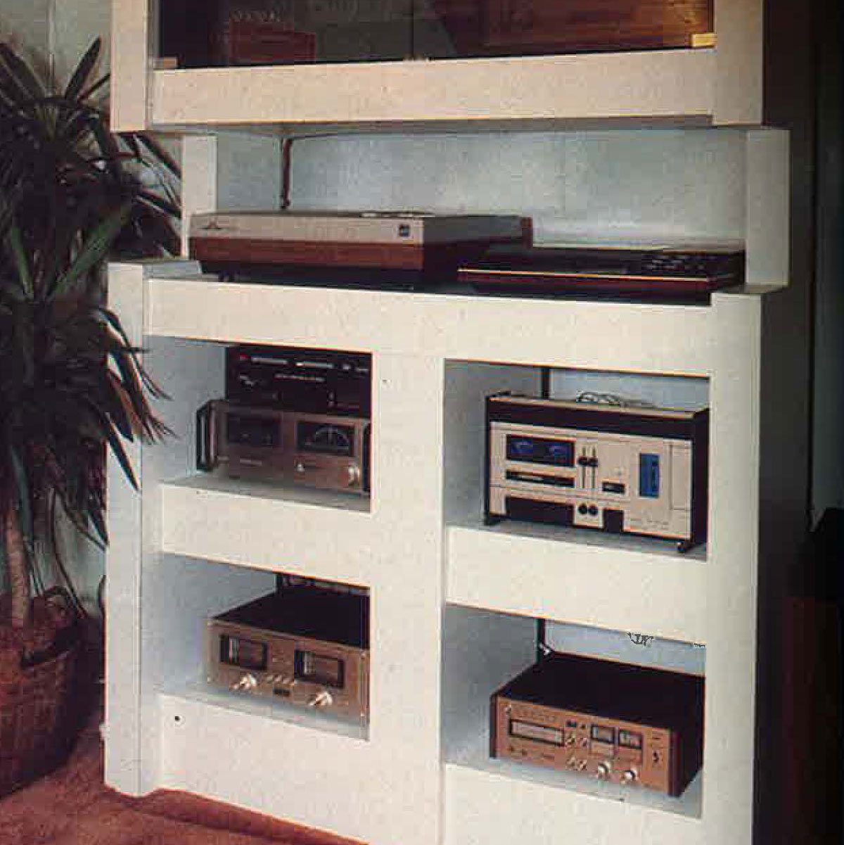 Entertainment center holds vintage stereo equipment and turntable, with a large plant beside it, in a living room setting.