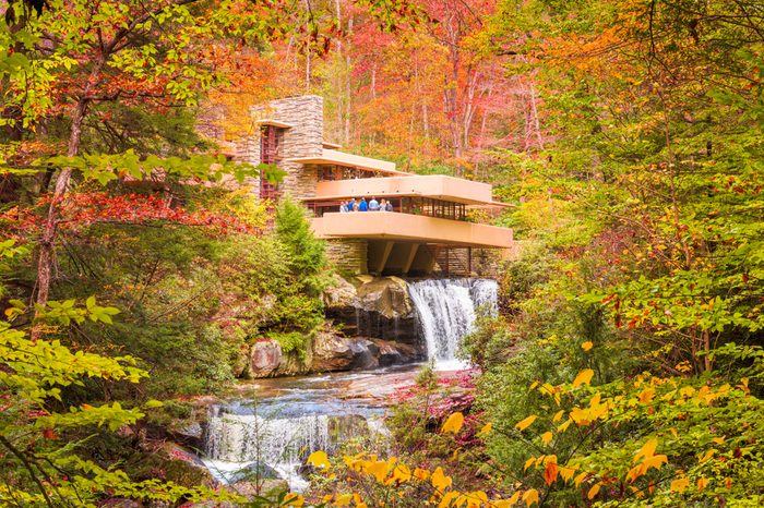 MILL RUN, PENNSYLVANIA, USA - OCTOBER 24, 2017: Fallingwater over Bear Run waterfall in the Laurel Highlands of the Allegheny Mountains.