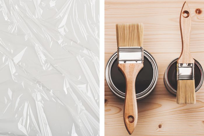 plastic wrap paint brushes cans
