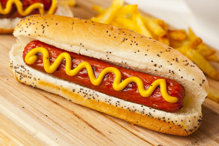 Organic All Beef Hotdog on a bun with mustard