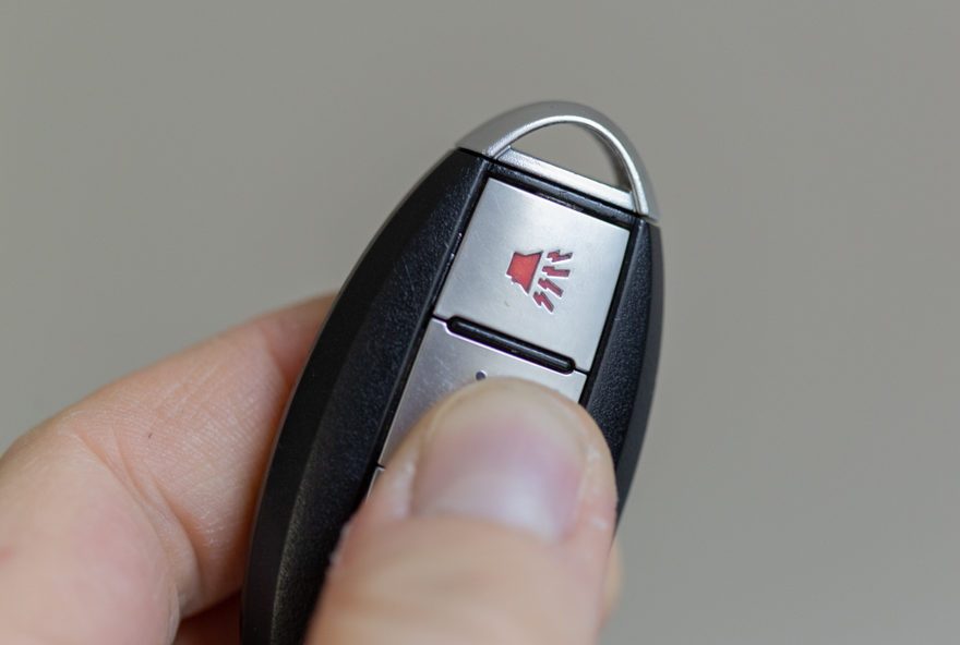 Hand holding a car key fob, pressing a button with a red alarm icon, against a plain background.