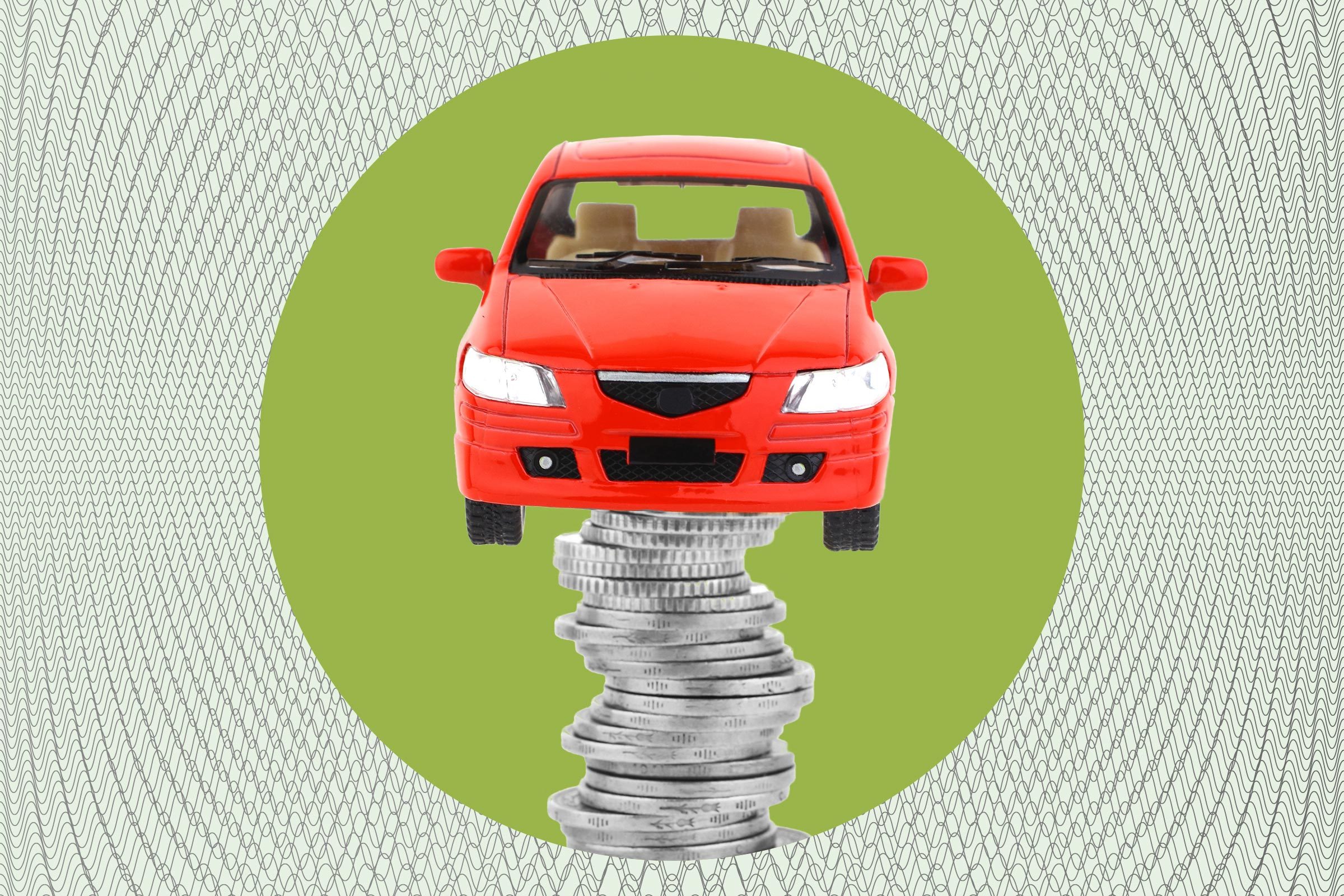 A red car balances on a stack of coins, set against a green circular backdrop with a patterned background.