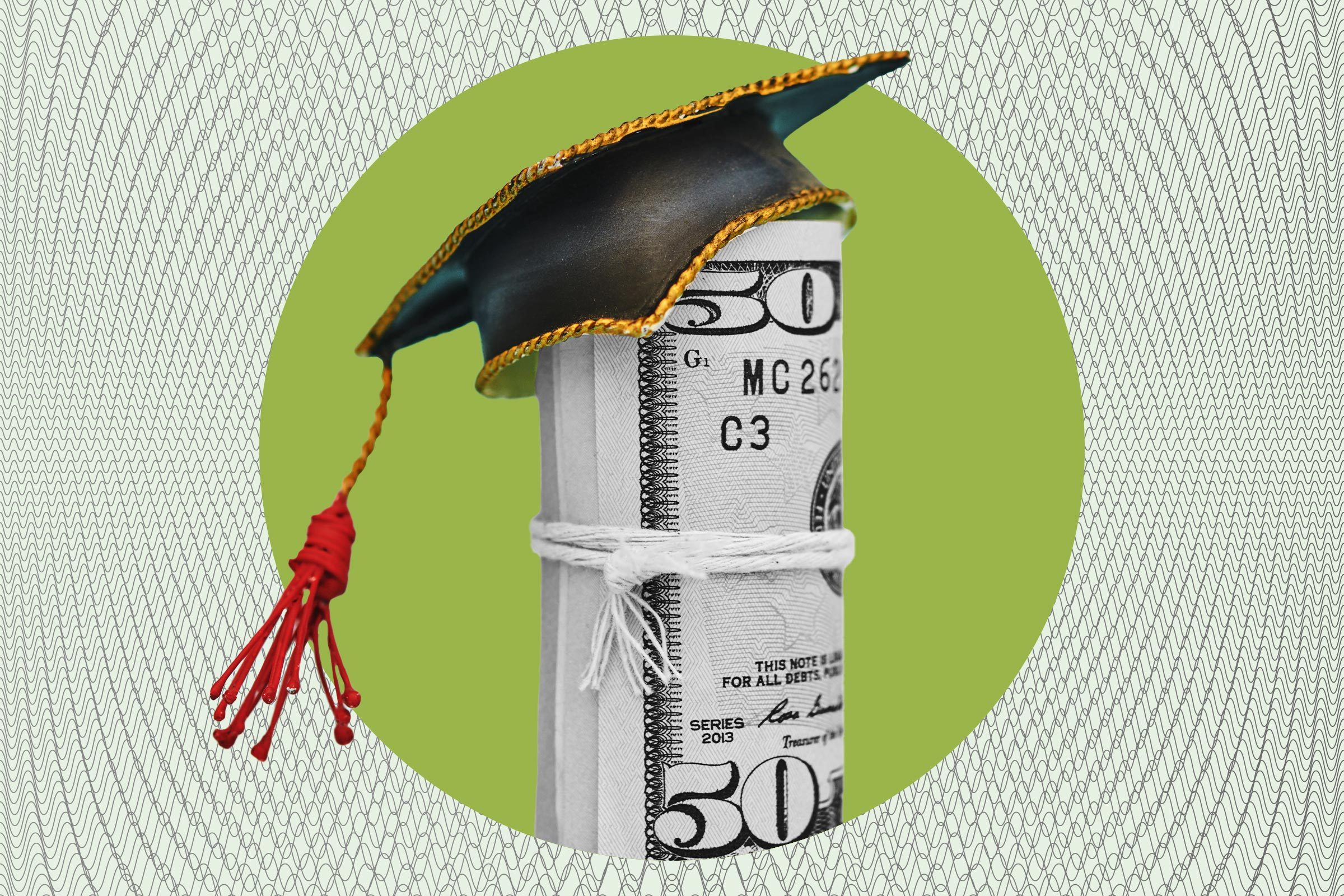 A roll of dollar bills wears a graduation cap, symbolizing education costs, against a green circular background with a wavy patterned border.