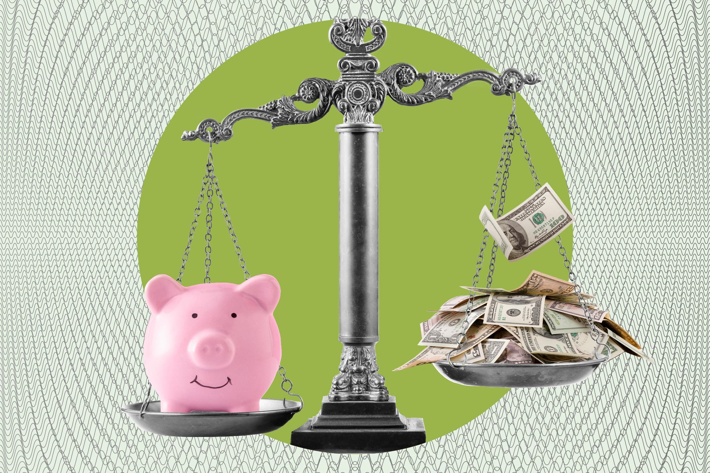 Scale balances a pink piggy bank and a pile of dollar bills against a patterned, green background.