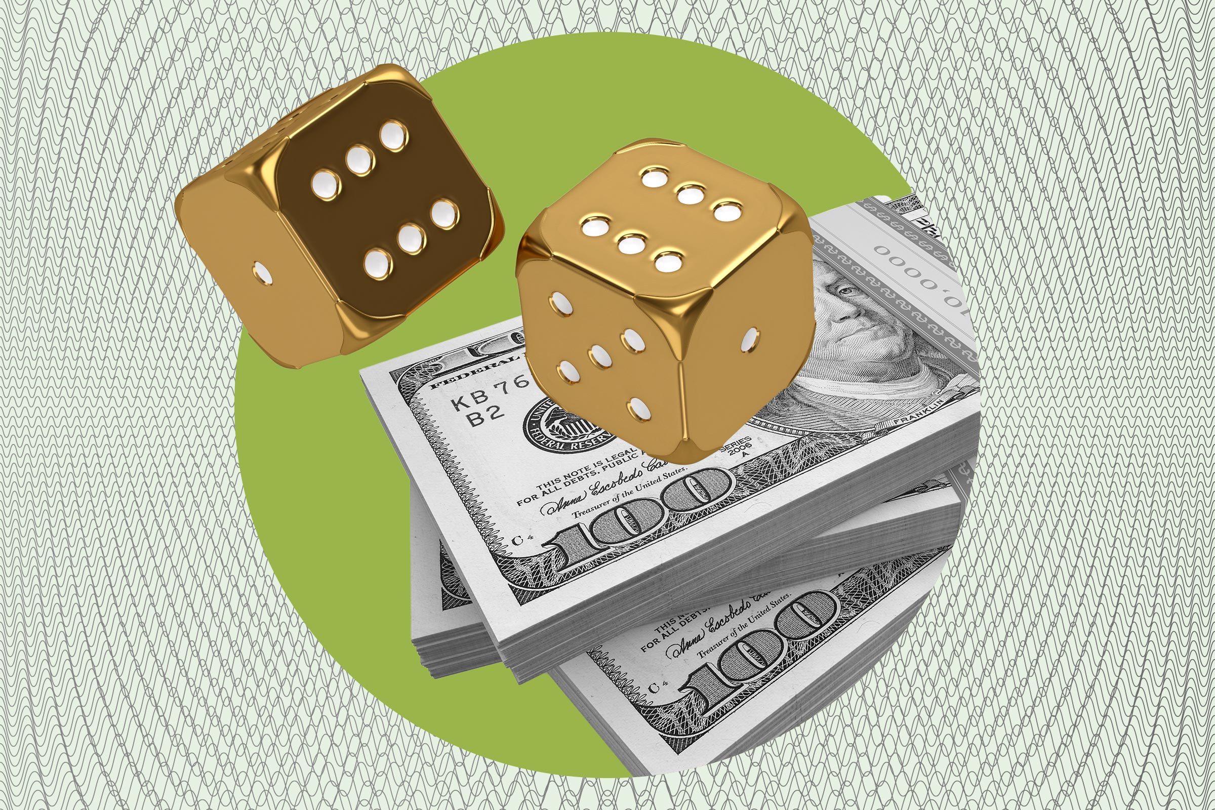 Two golden dice float above stacks of hundred-dollar bills, surrounded by a patterned, circular design.