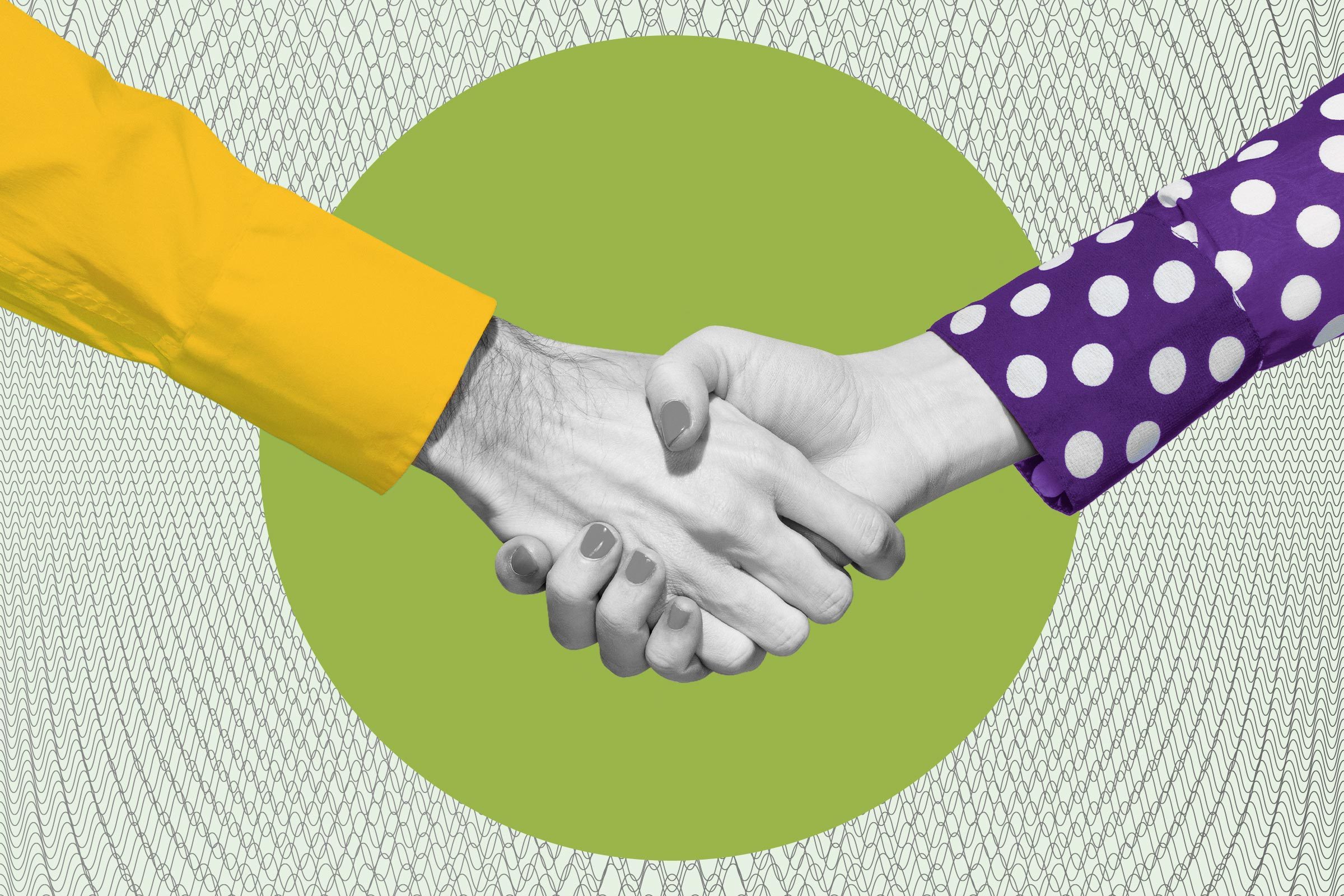 Two hands shake; one wears a yellow shirt, the other a purple polka-dot sleeve, against a green circle with a geometric pattern background.