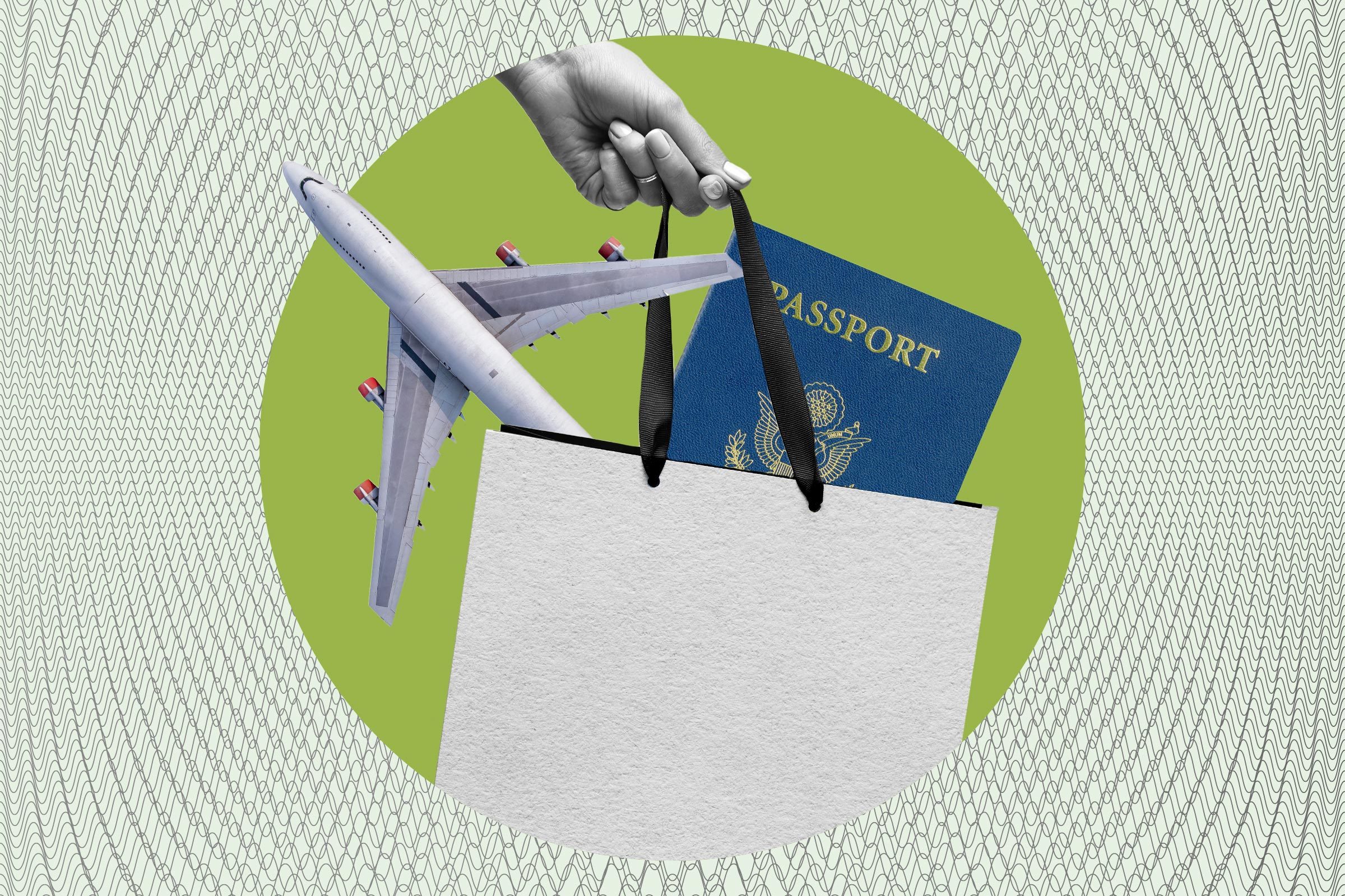 A hand holds a bag containing a passport, while an airplane emerges, set against a green circle with patterned background.