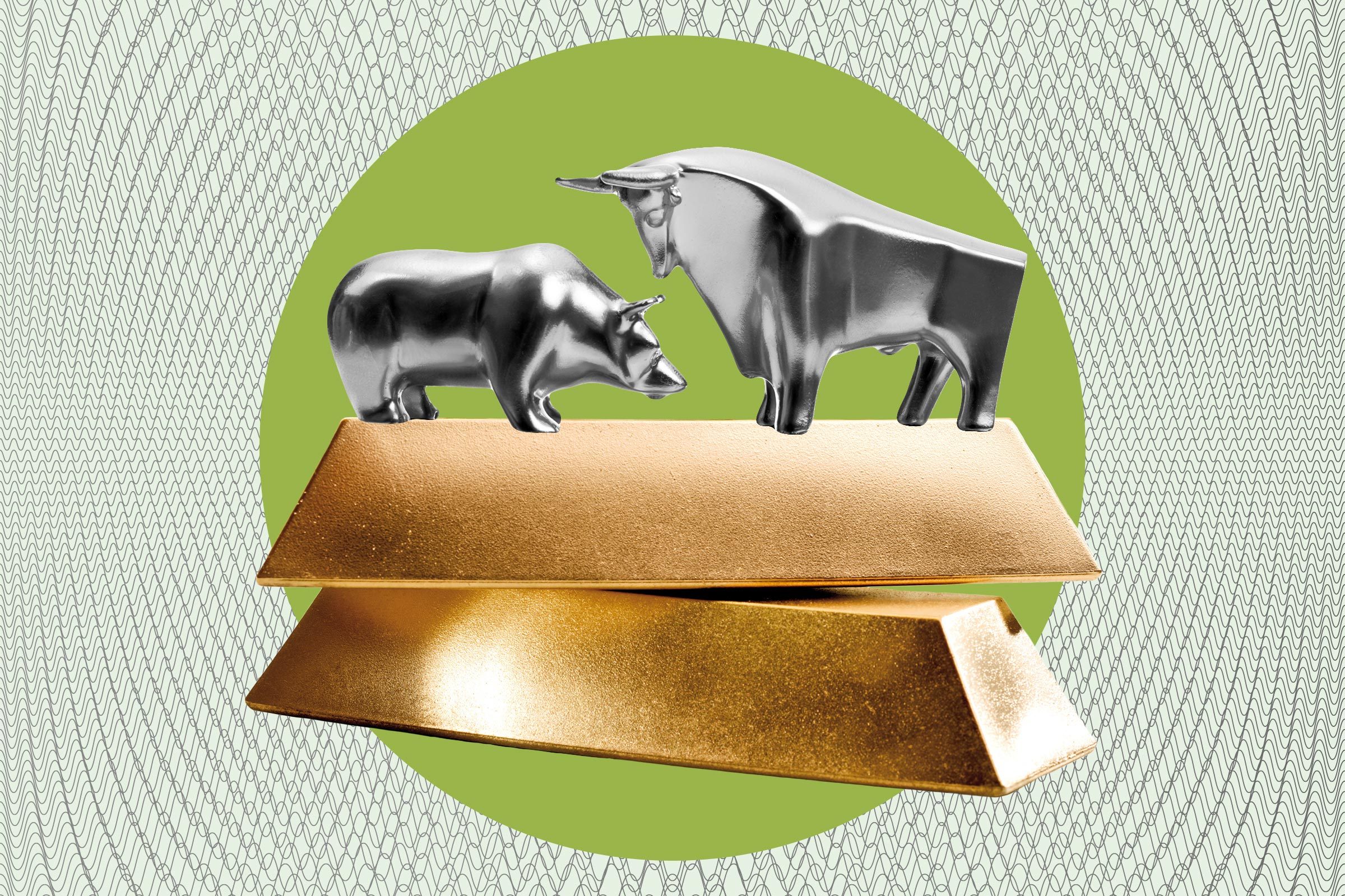 Chrome bull and bear figurines stand atop stacked gold bars against a geometric, patterned background featuring a green circle.