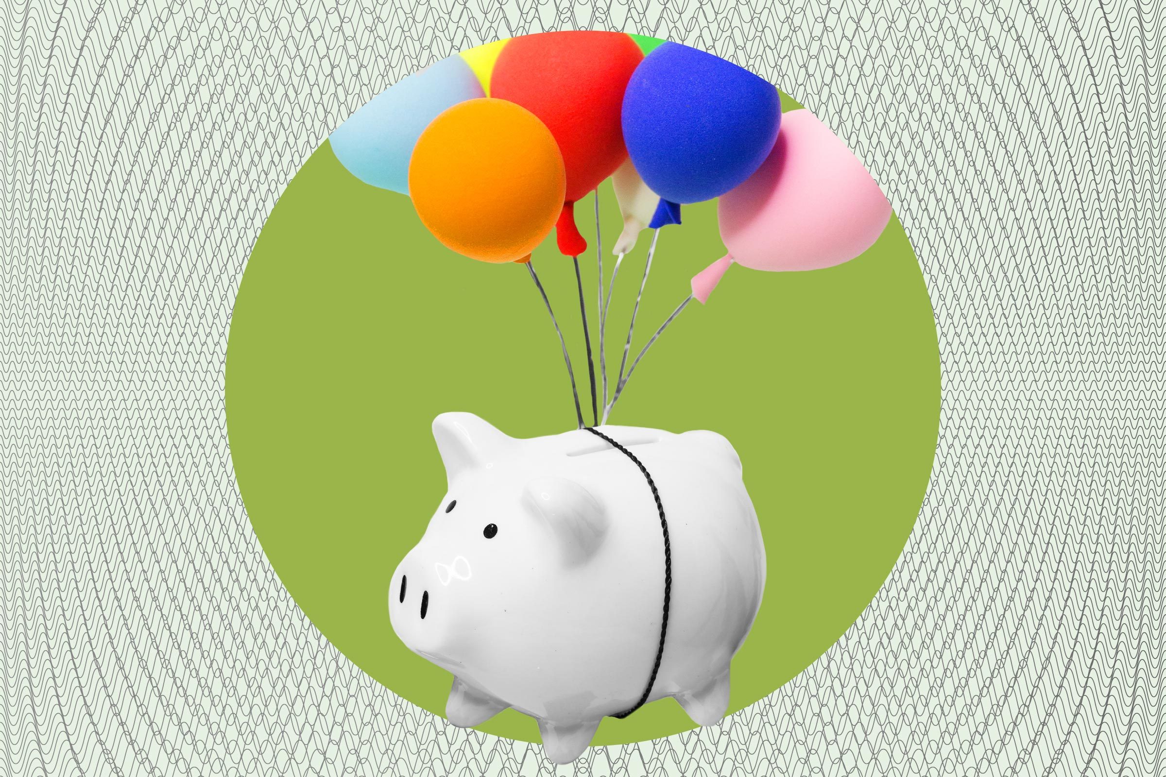 A white piggy bank floats, tethered to colorful balloons, set against a green circular background with a geometric wave pattern.