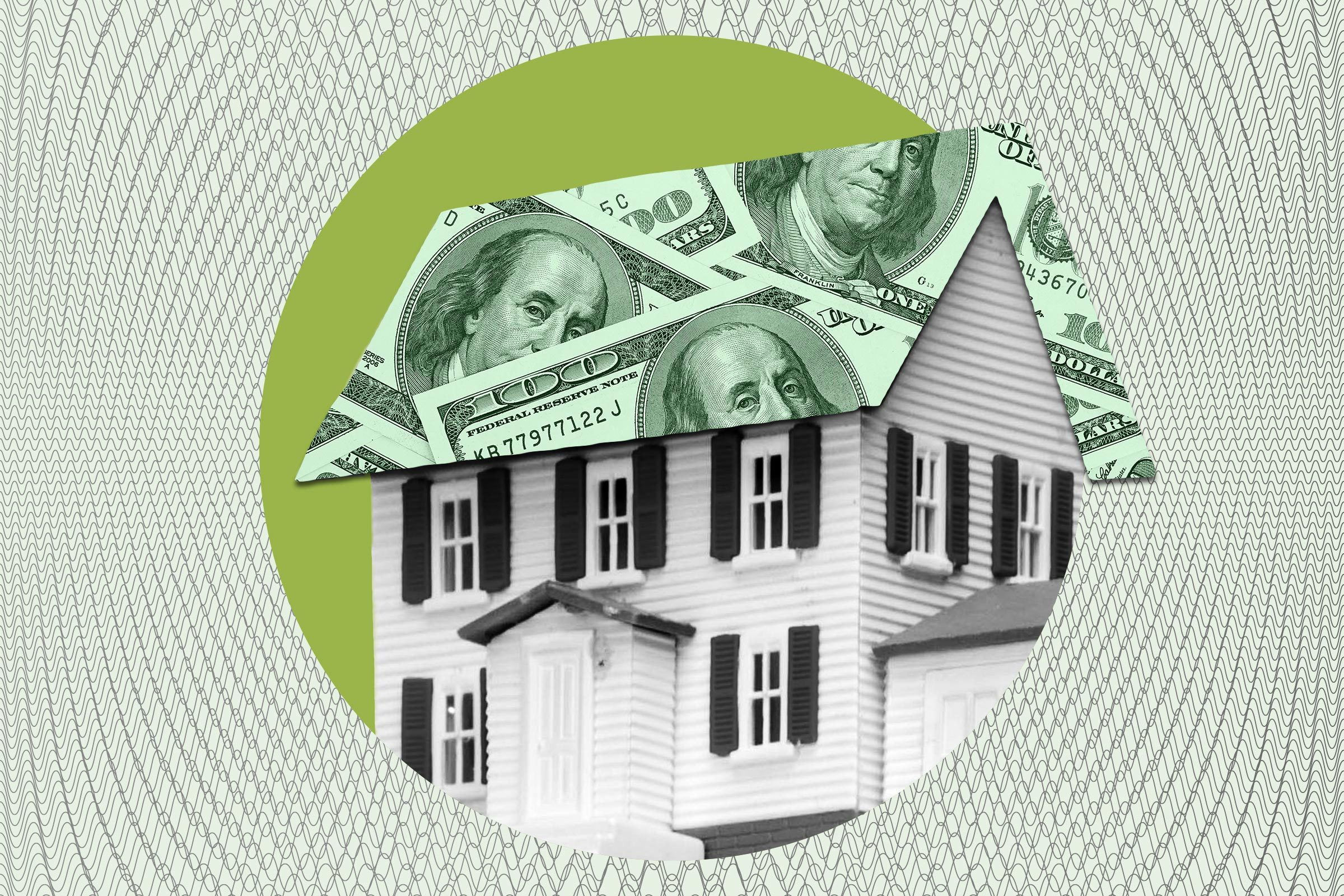 House topped with dollar bills forms a roof, set against a patterned, circular green and gray background.