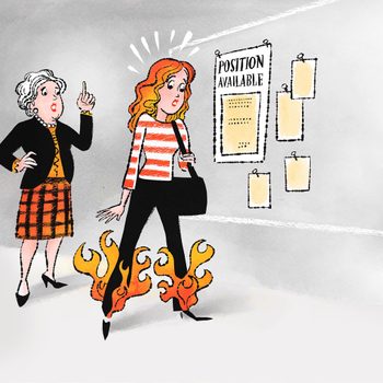 A woman with flaming leg pants walks surprised past a "Position Available" sign as another woman gestures behind her in a hallway.