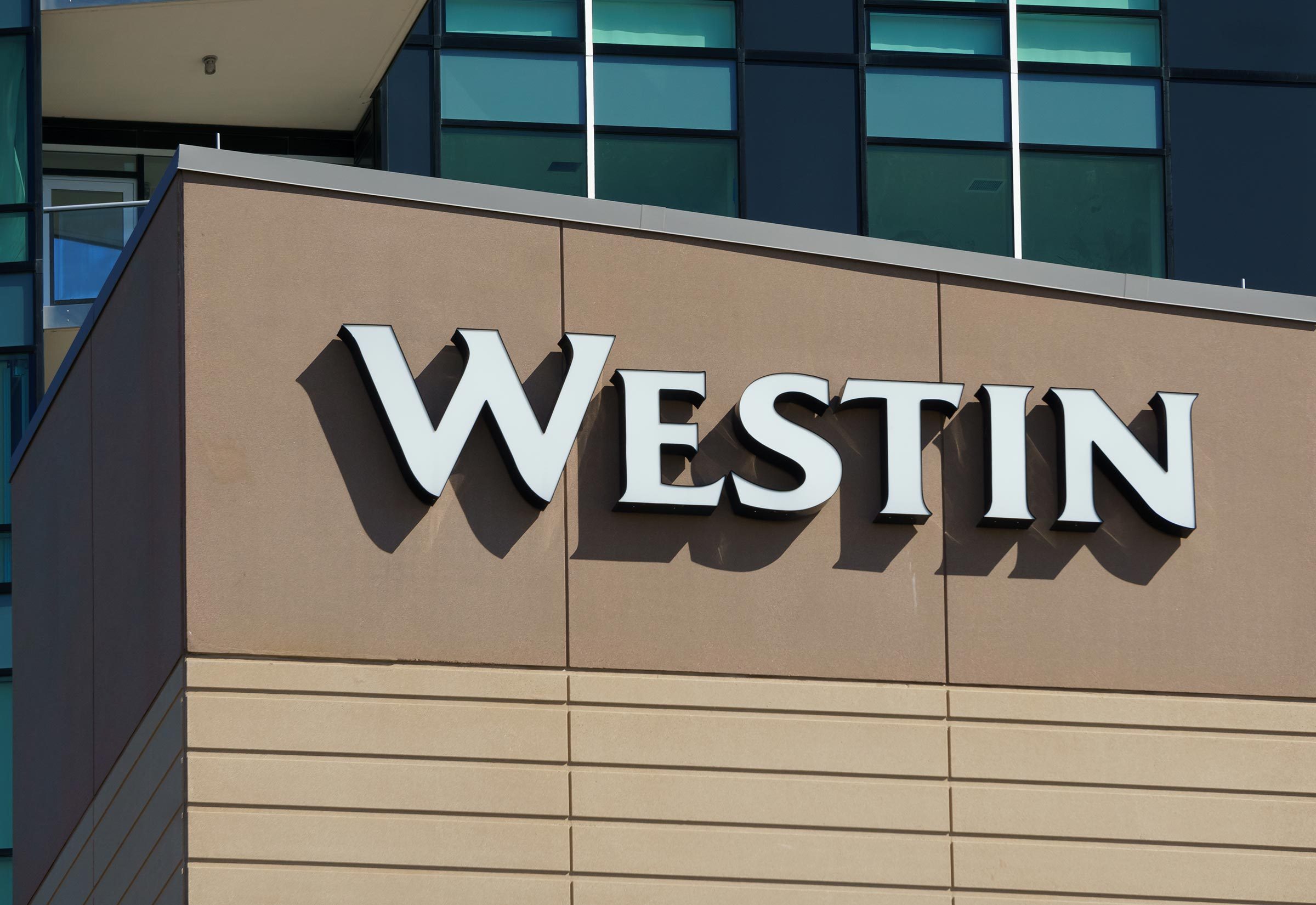EDINA, MN/USA - AUGUST 11, 2015: Westin Hotel exterior. Westin Hotels & Resorts is an upscale hotel chain owned by Starwood Hotels & Resorts Worldwide.