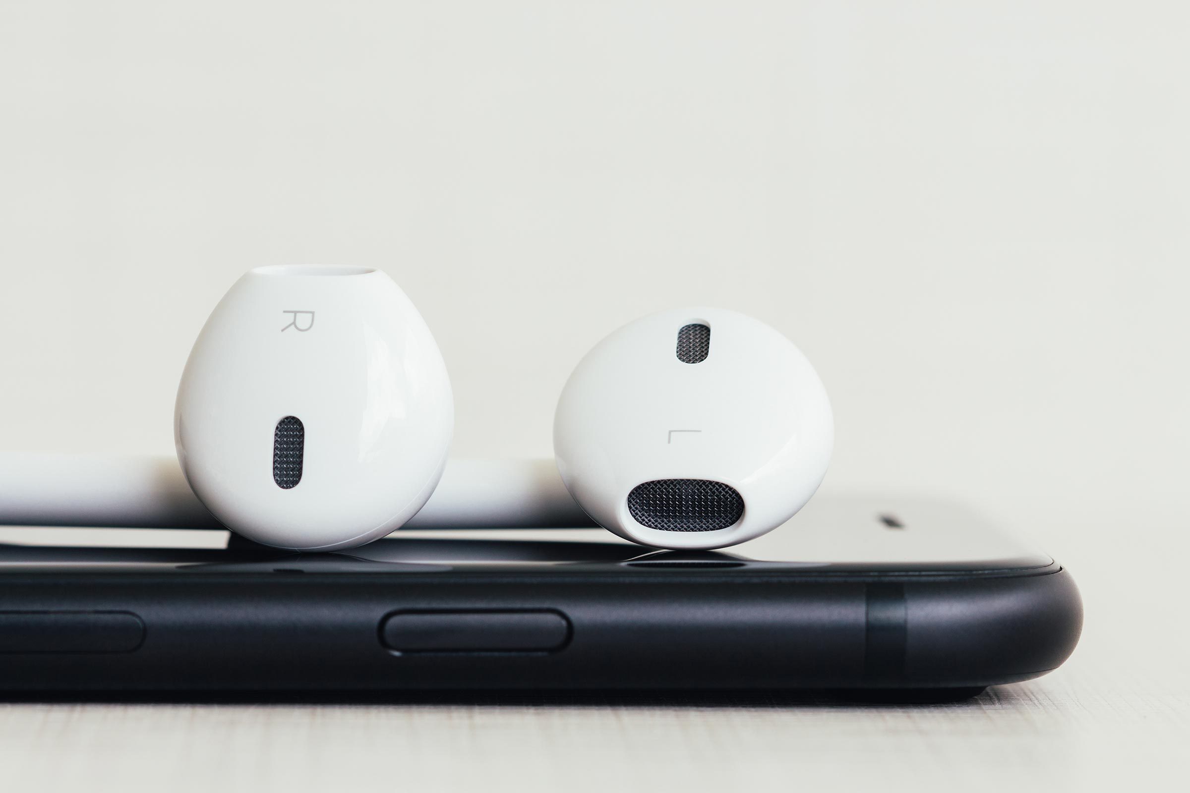 close-up headphone stack on new modern phone