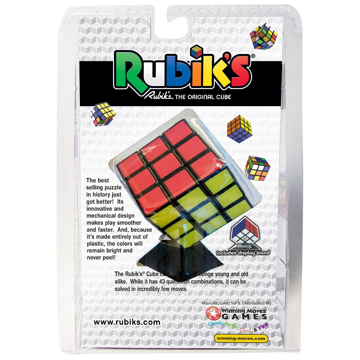 Rubik's Cube displayed in packaging; includes a display stand. Surrounded by colorful cube graphics and promotional text highlighting design and challenge.