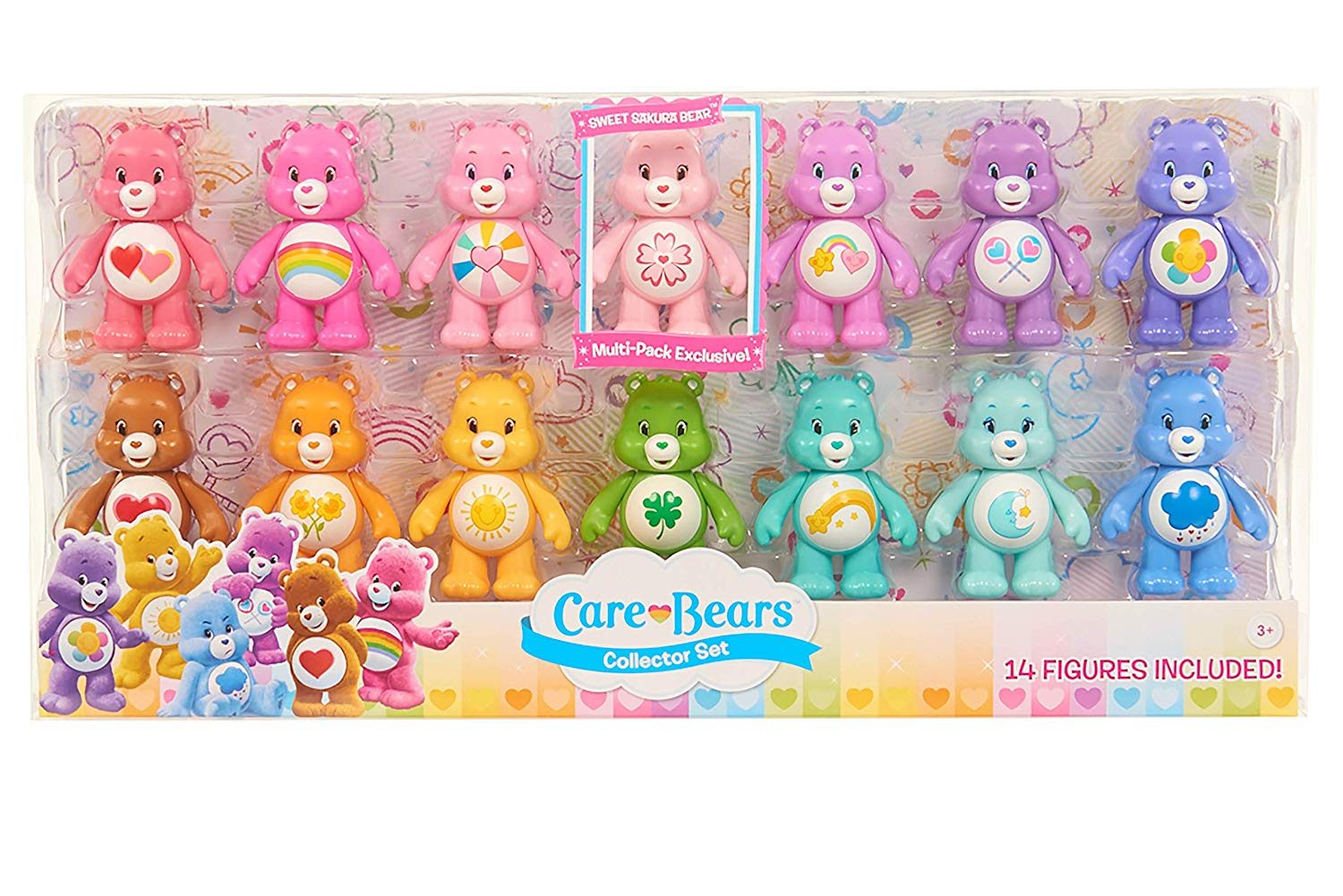 Colorful bear figures stand in rows, each with unique belly symbols, showcased in a transparent package labeled "Care Bears Collector Set, 14 Figures Included."