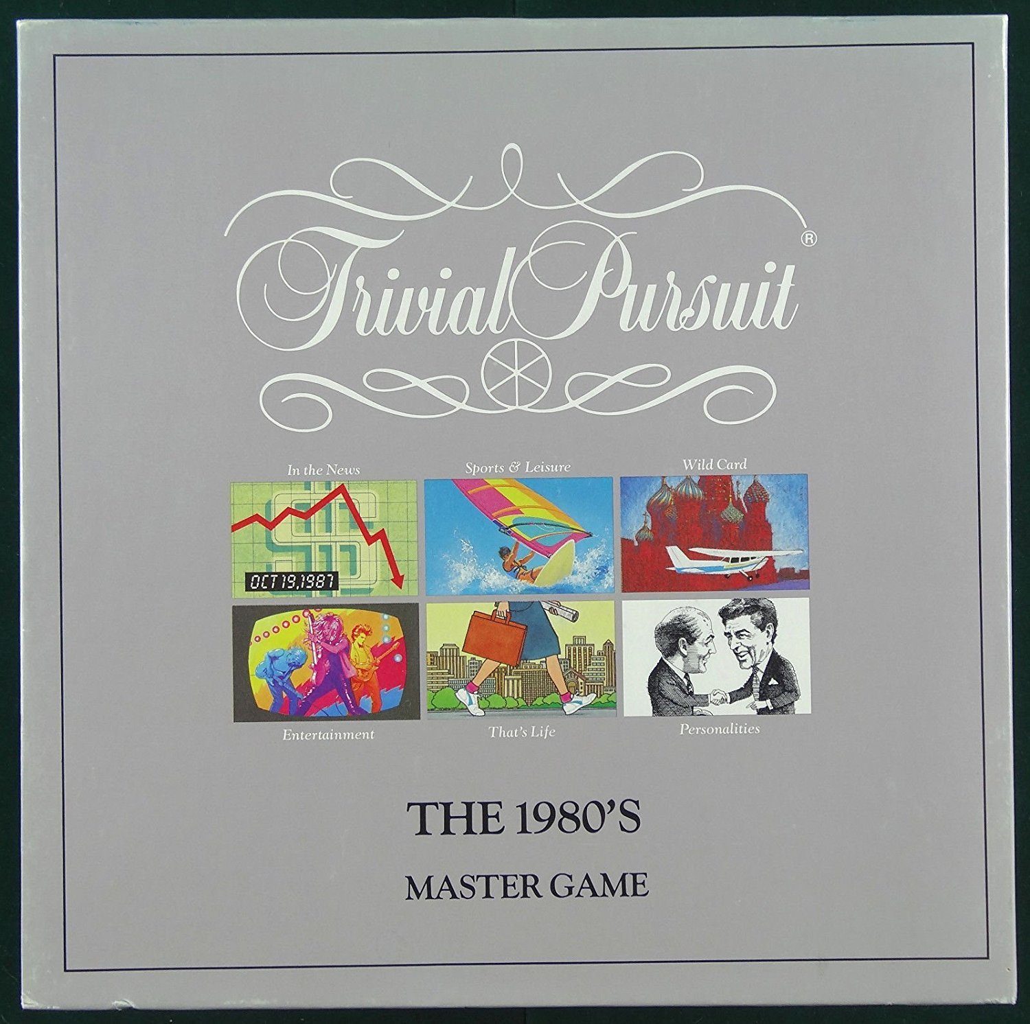 Board game box displaying Trivial Pursuit logo; six illustrated panels depict categories like news and entertainment. Text reads: "THE 1980'S MASTER GAME."