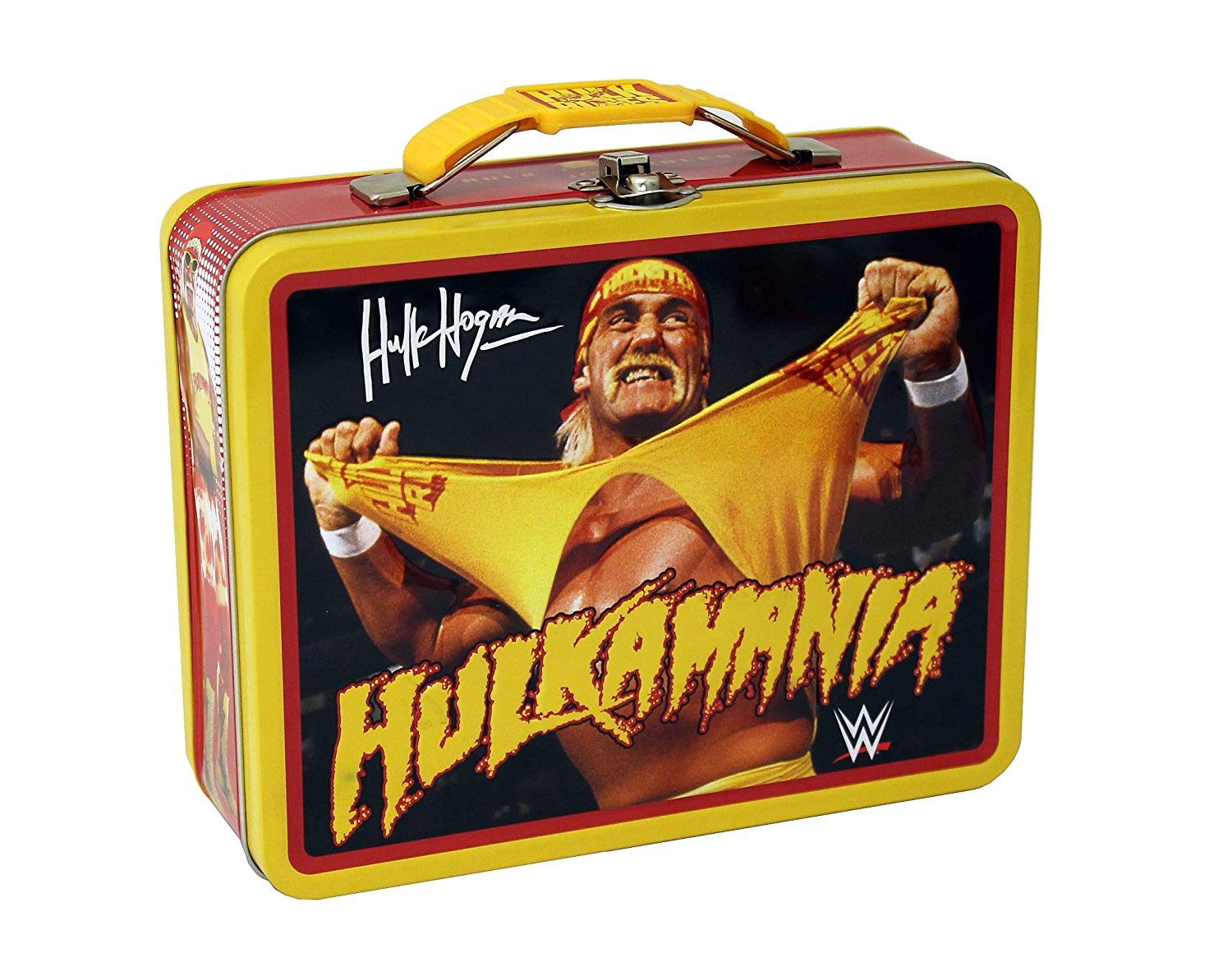 Lunchbox features a wrestler ripping a yellow shirt, surrounded by the text "Hulkamania" and a WWE logo.