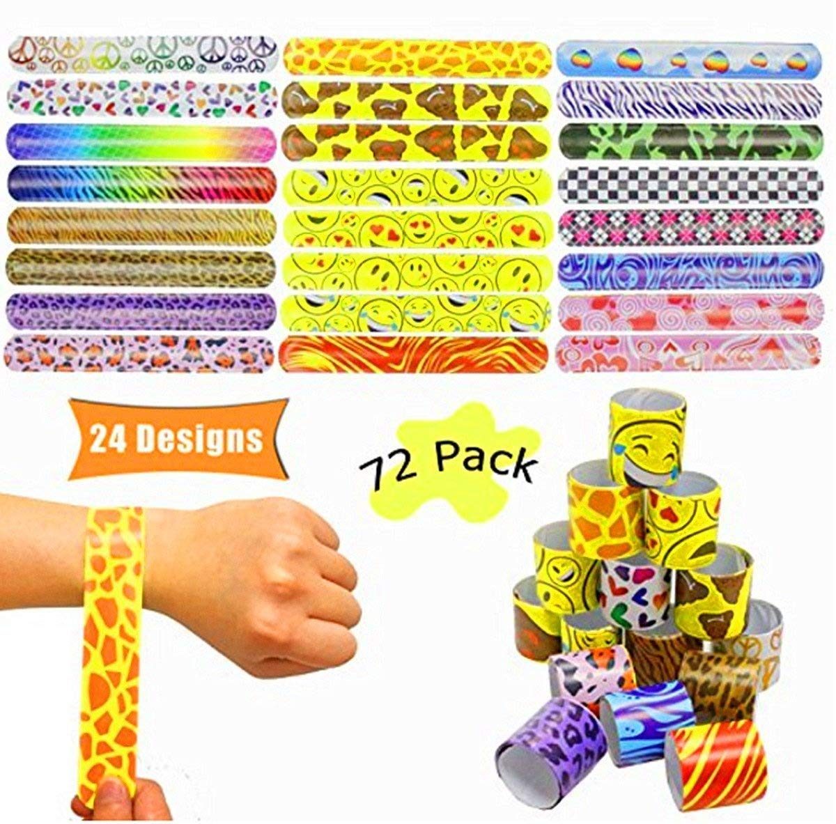 Colorful slap bracelets rest on arm, surrounded by stacks of various designs. Text reads: "24 Designs" and "72 Pack."