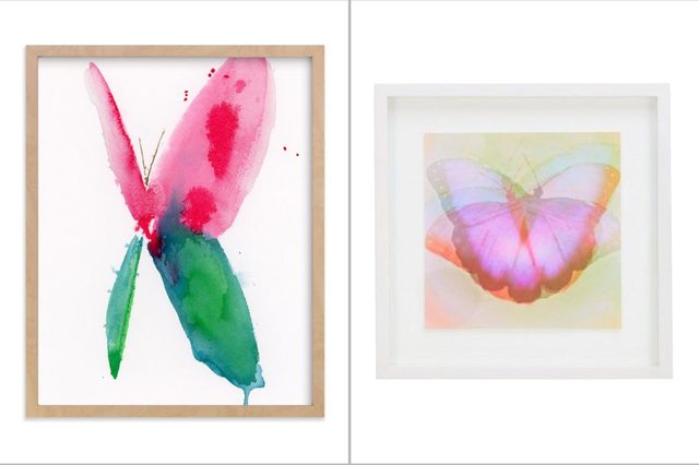 Watercolor butterfly with pink-green wings on left; vibrant, multicolored butterfly on right. Both artworks are framed with white backgrounds.