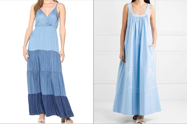 Two women in blue maxi dresses stand against a plain white background, one dress with tiered shades and the other with subtle floral patterns.