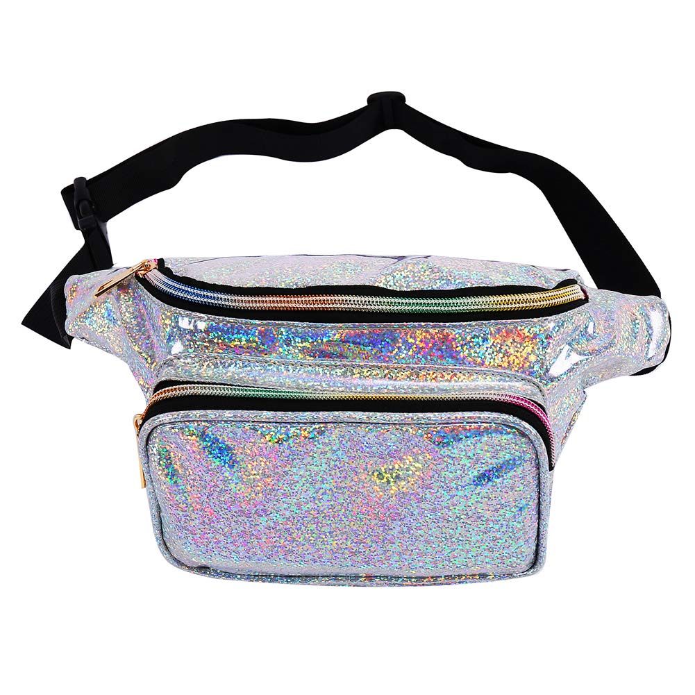 A glittery, iridescent fanny pack with two zippered compartments, featuring a black adjustable strap.