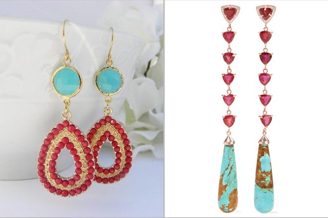 Left: Earrings with turquoise circles and red teardrops, on white background. Right: Long earrings with red triangular stones and turquoise teardrops.