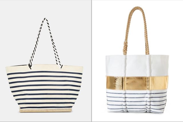 Two tote bags with stripe patterns. Left bag is navy-striped with rope handles. Right bag has gold accent, white top, navy-striped bottom, rope handles.