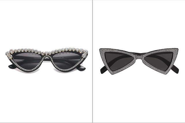 Two pairs of black cat-eye sunglasses adorned with rhinestones sit side by side against a plain white background.