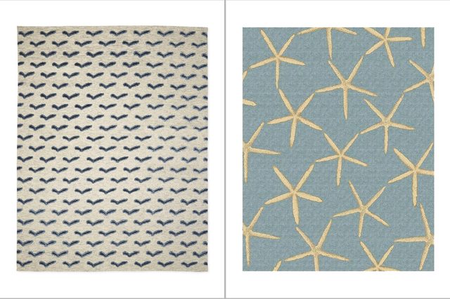 Left rug has blue bird pattern on beige; right rug has beige starfish pattern on teal background.