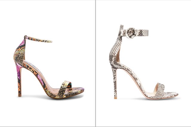 Two high-heeled sandals with ankle straps; left is colorful snakeskin pattern, right is gray snakeskin pattern, both on a plain white background.