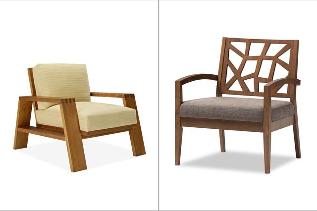 Two wooden chairs are displayed side by side on a white background; one has beige cushions, and the other features a geometric backrest design.