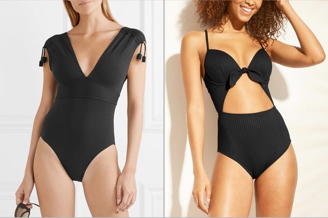 Two models wear black swimsuits; one-piece with short sleeves on the left, cut-out design with tie front on the right, against light backgrounds.