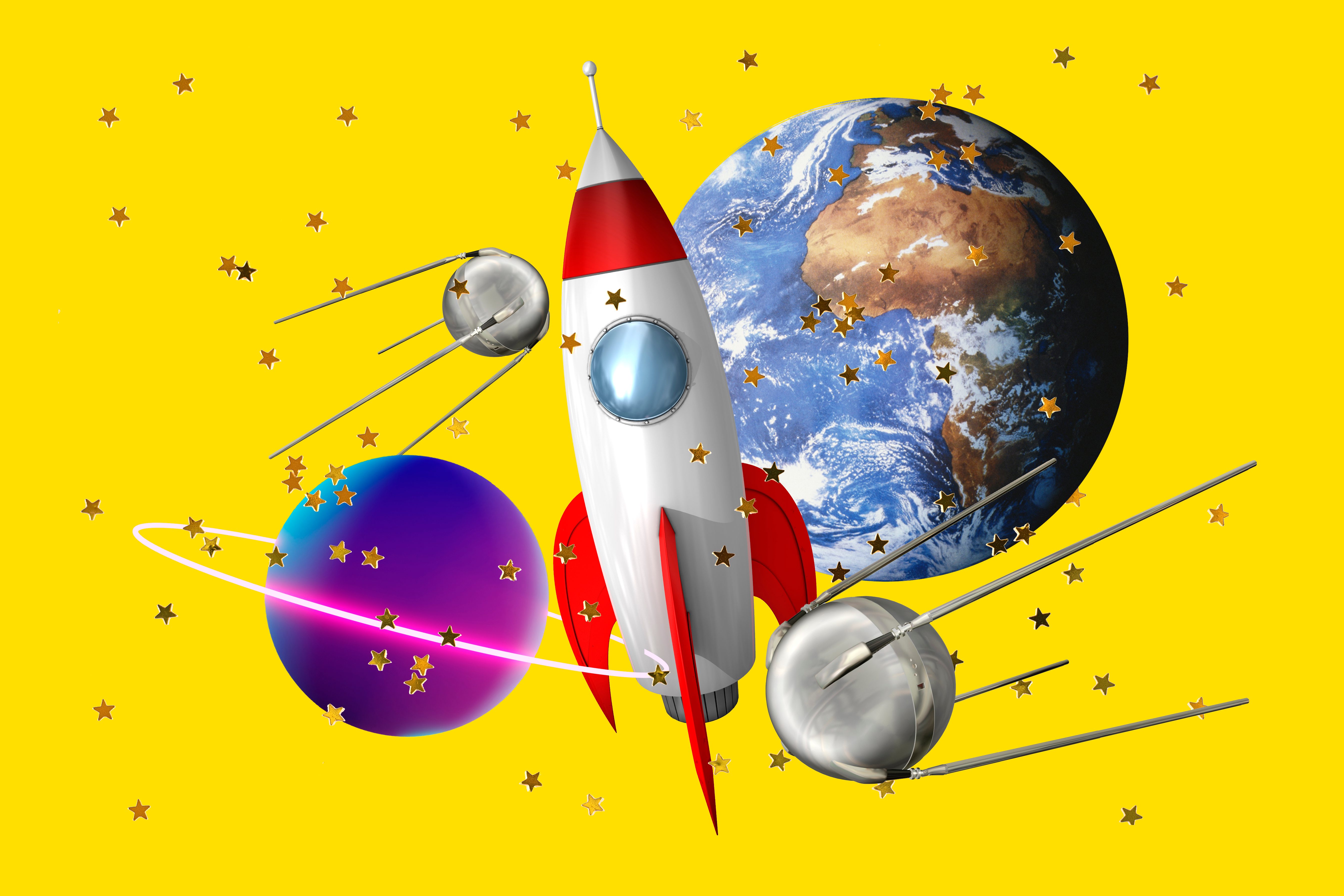 Rocket surrounded by satellites and stars, soaring through a bright yellow background. Earth and a purple-blue sphere appear in the background.