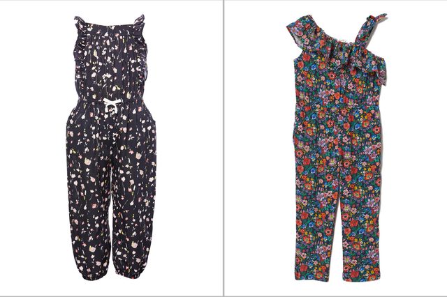 Two floral jumpsuits displayed side by side; one is black with pastel flowers, the other is multicolored with bright flowers, on a white background.