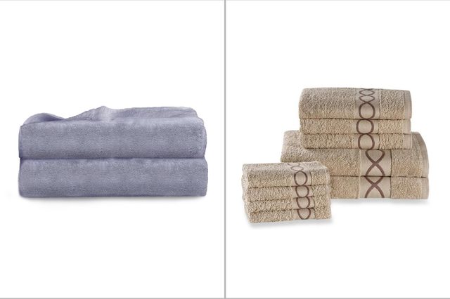 Gray towels stacked neatly; decorative beige towels folded and stacked with patterned borders; both against white backgrounds.