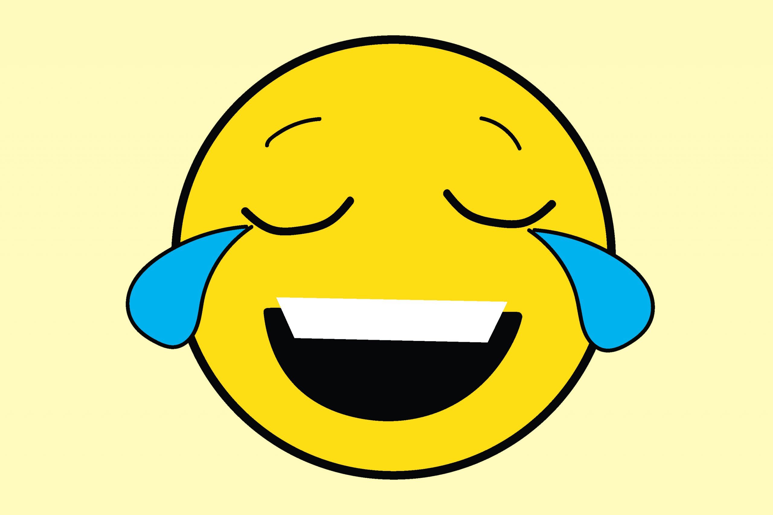 A yellow smiley face is laughing with eyes closed, tears of joy streaming down, set against a pale yellow background.