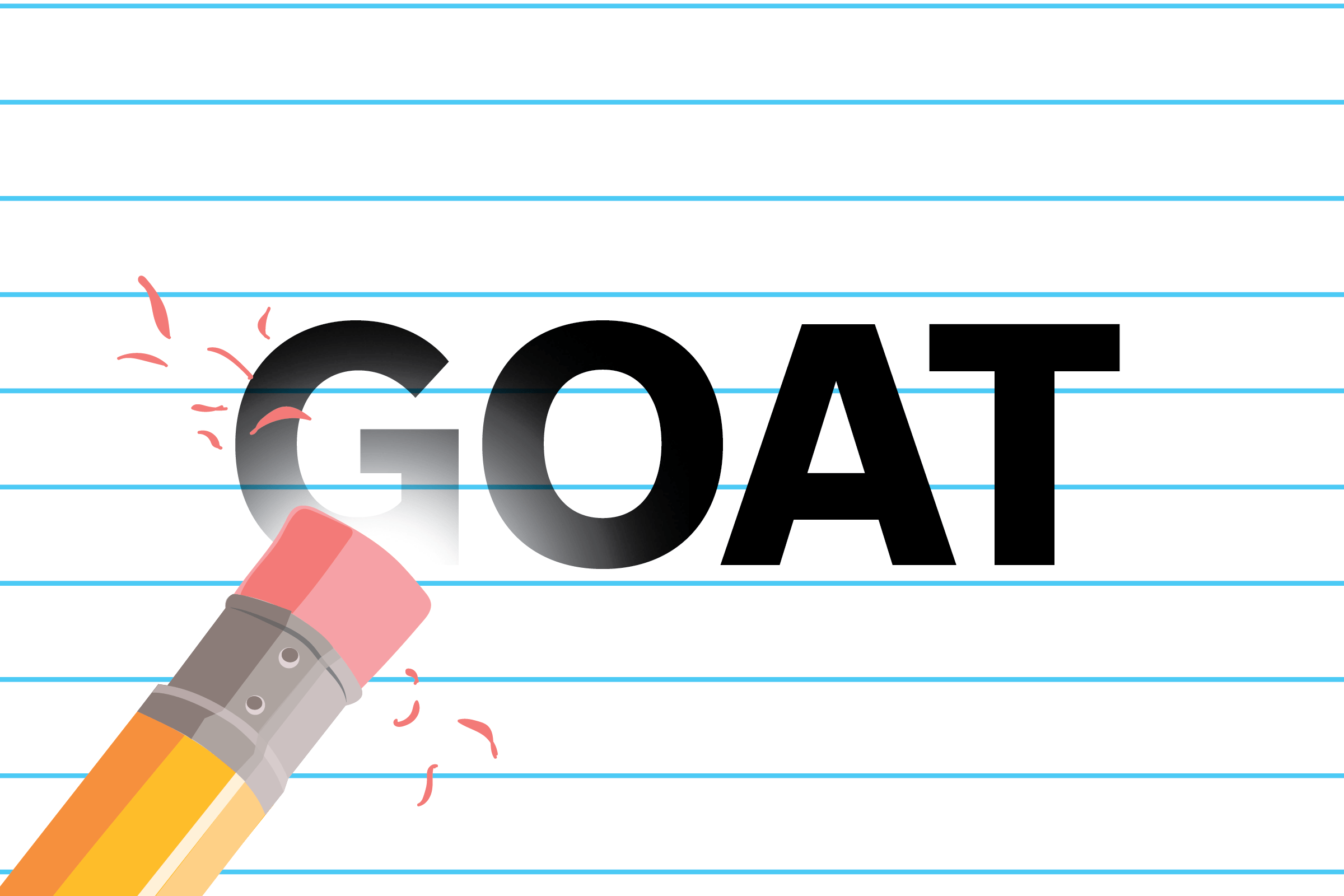 Pencil eraser removing the word "GOAT" on lined paper, with eraser shavings scattered around.