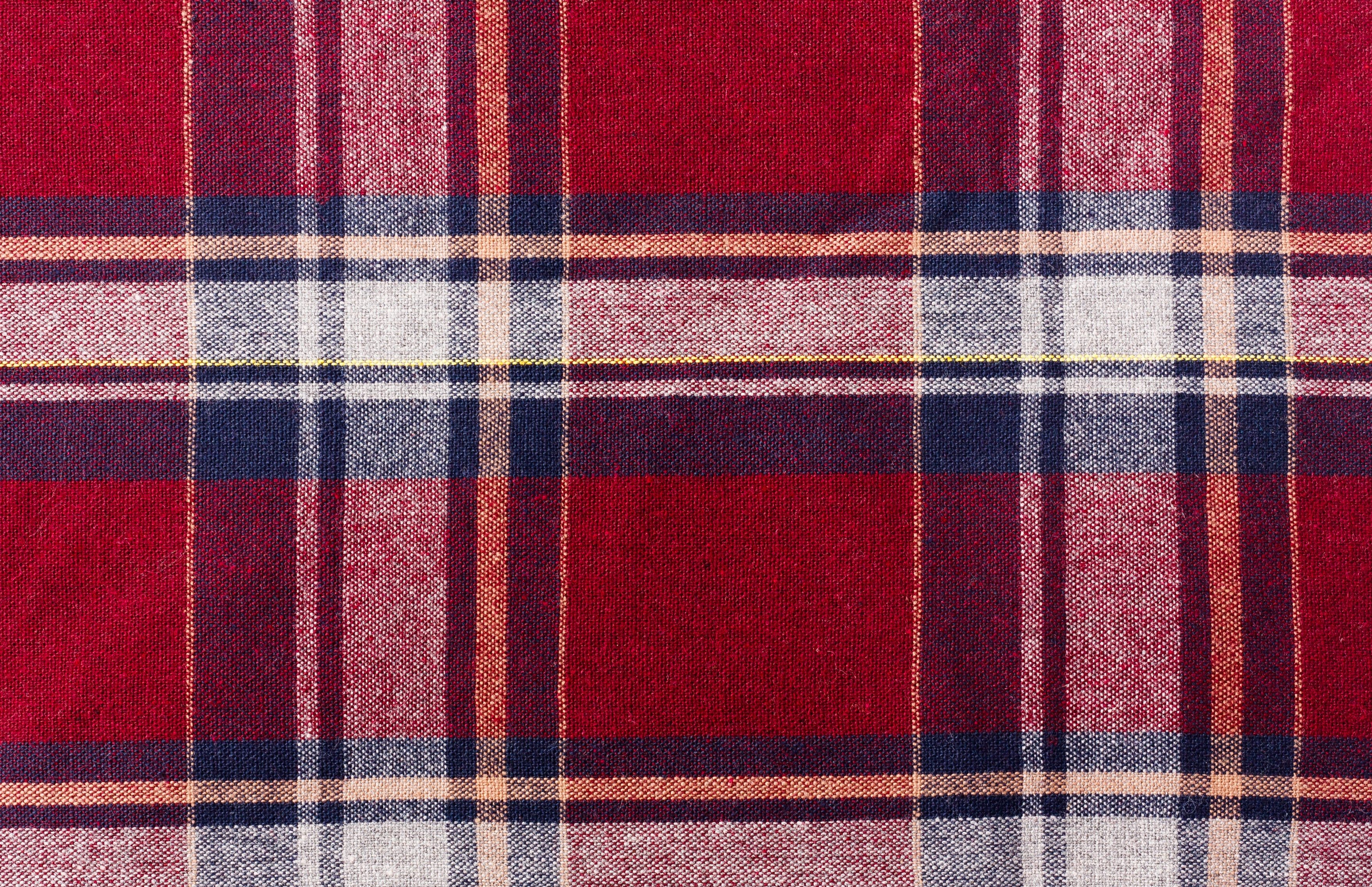 Plaid fabric displaying red, blue, and white intersecting lines, creating a classic tartan pattern.