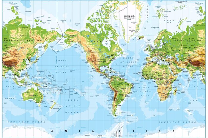 Physical World Map America Centered and Bathymetry. Highly detailed vector illustration.