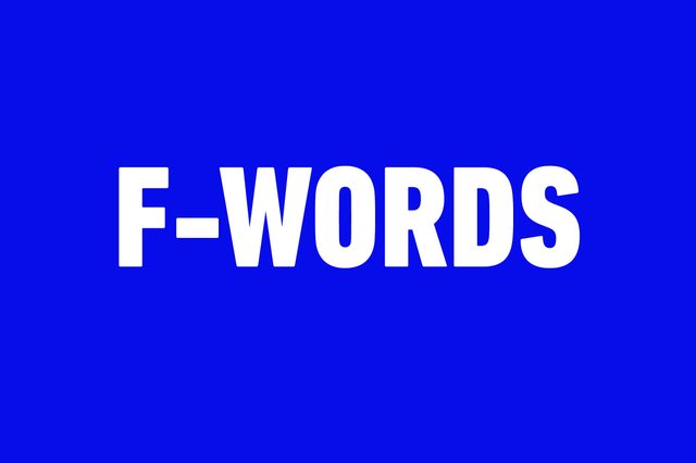 Text "F-WORDS" is displayed in bold, white letters on a solid blue background.
